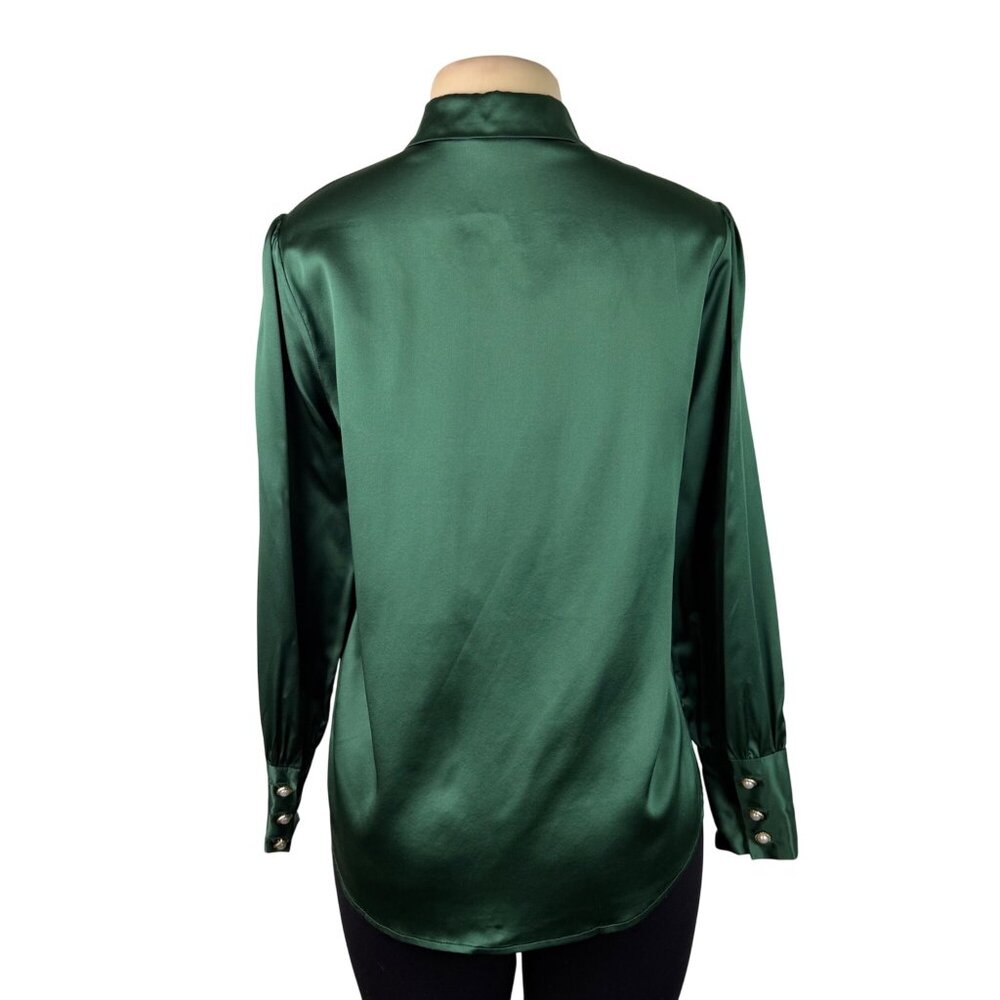LilySilk Womens Green Mulberry Silk Bow-Tie Blouse Satin Button Cuffs Sz M - Picture 4 of 12